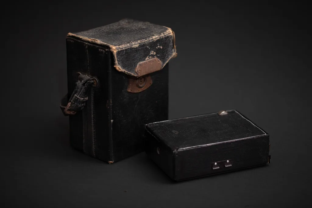 GOMZ Fotokor-1 film camera in folded position and with the carrying case